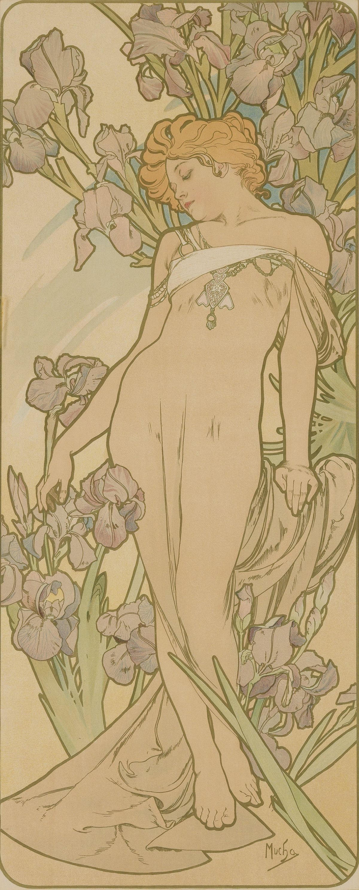 ALPHONSE MUCHA (1860-1939). [THE FLOWERS.] Group of 3 decorative panels. 1898. 40x16 inches, 101x42 cm. [F. Champenois, Paris.]